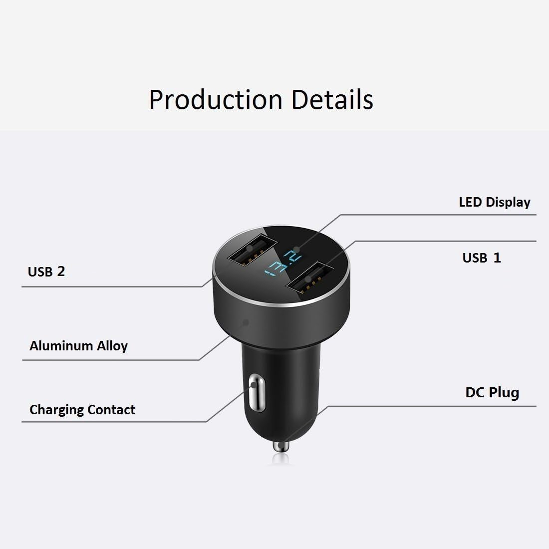2 USB Car Charger,12V/24V Voltage Meter, Black