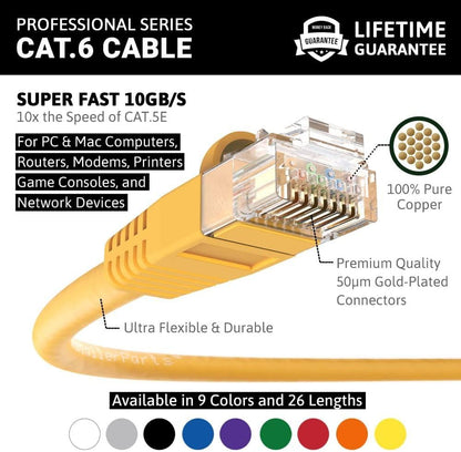 CAT6 Cable UTP Booted - Yellow - 100 FT - 5 Pack - Professional Series - 10Gbps, Cat6 Patch Cable, Network, Internet
