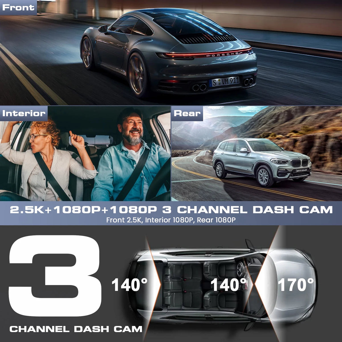 3 Channel Dash Cam Front and Rear, 4K/2.5K + 1080P Premium Car Camera for Cars with Wi-Fi GPS, Night Vision, 3.16" IPS Touchscreen, 24H Parking Mode, WDR, Type-C, 64GB SD Card Included