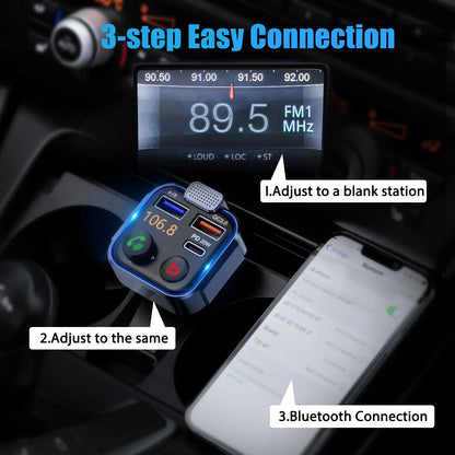 FM Transmitter for Car,Wireless 5.3 Bluetooth Car Adapter with Type-C PD 20W+ QC3.0 Fast USB Charger,Vehicle Mp3 Player Receiver Hifi Bass Sound,Cigarette Lighter Radio Music Adapter