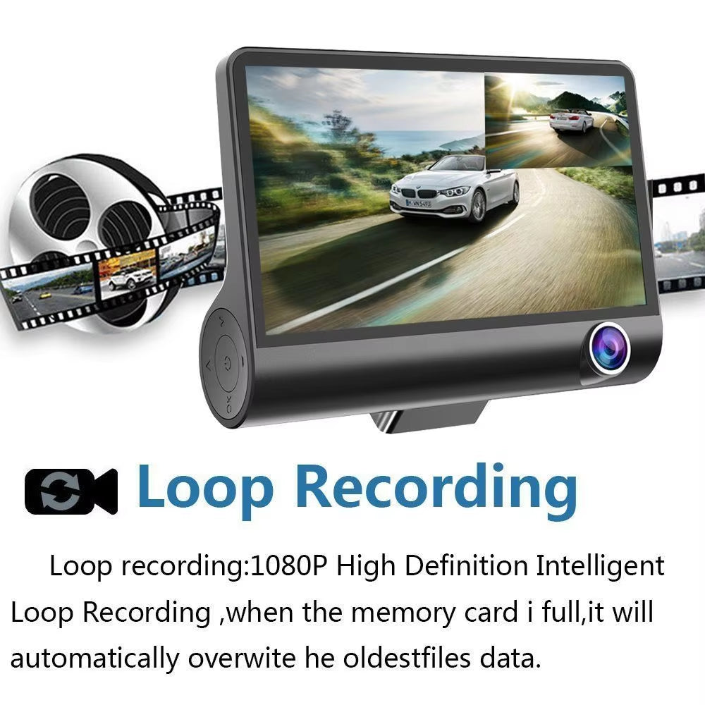 【Triple Lens System】4" 3-Channel Dash Cam - Front/Rear/Interior Car DVR with Night Vision, 24H Parking Mode, Loop Recording