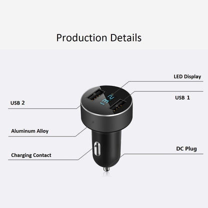 2 USB Car Charger,12V/24V Voltage Meter, Black