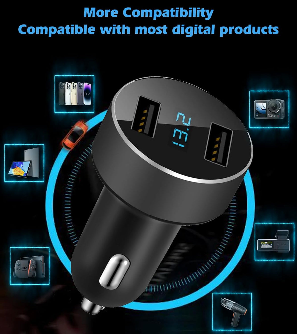 2 USB Car Charger,12V/24V Voltage Meter, Black