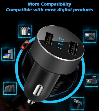2 USB Car Charger,12V/24V Voltage Meter, Black