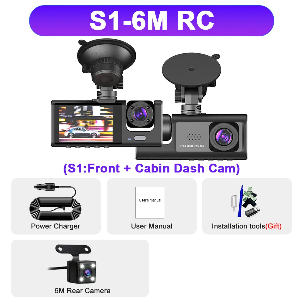 3 Channel Car DVR HD 1080P 3-Lens inside Vehicle Dash Camthree Way Camera Dvrs Recorder Video Registrator Dashcam Camcorder