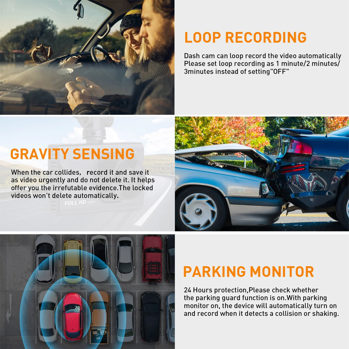 Dash Cam Front & Rear 1080P Full HD Night Vision, Parking Mode, G-Sensor, Loop Recording, WDR, 3-Inch LCD