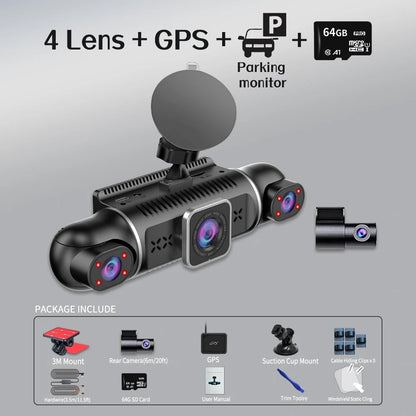 Dash Cam for Cars Free 64GB Dash Cam 360 Degrees Car DVR Wifi GPS 24H Parking Monitor 4 Lens HD 1080P Video Recorder APP Control
