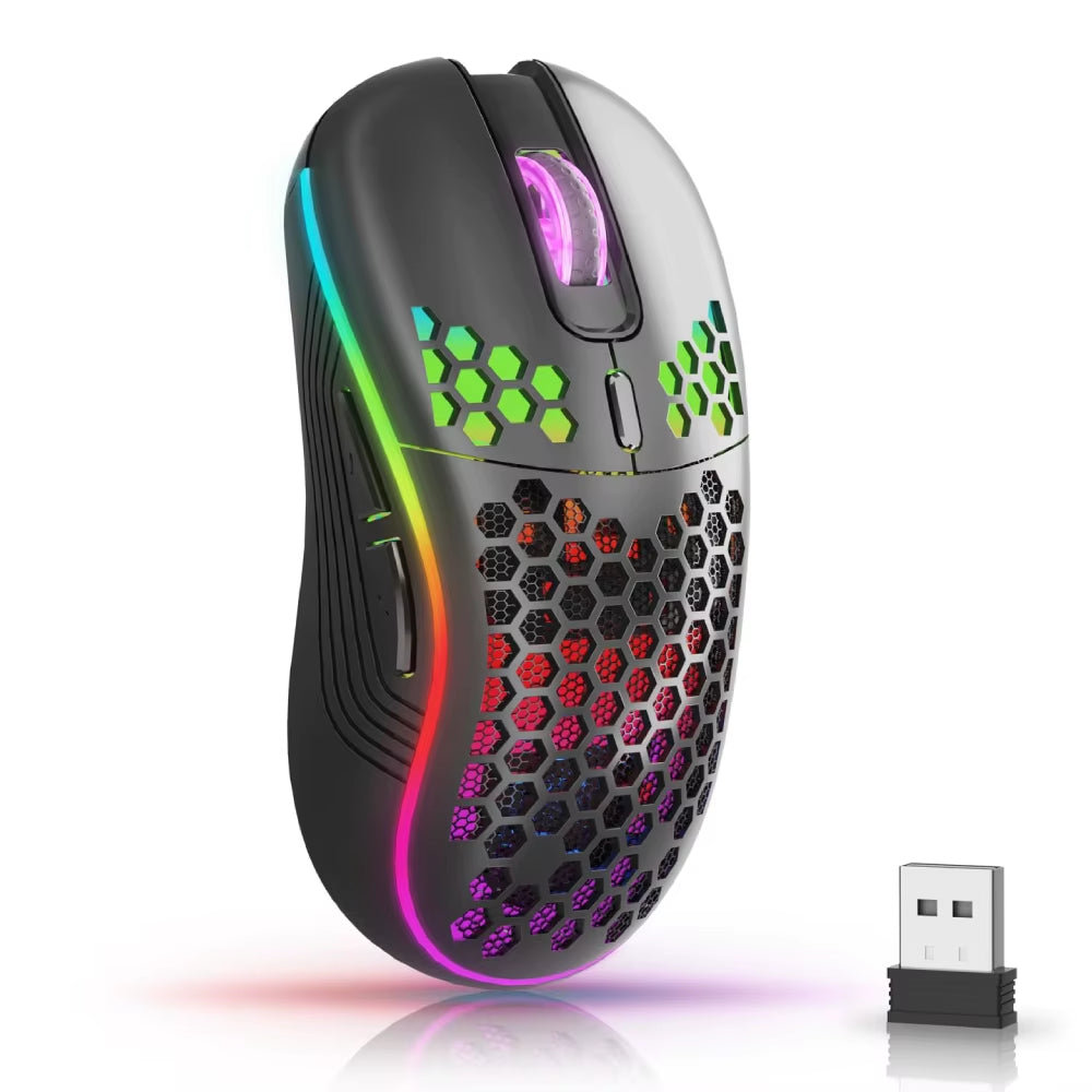 2.4G Wireless Mouse with RGB Backlit 6-Button 3-Speed DPI Type C Rechargeable Ergonomic Honeycomb Design Gaming Mouse