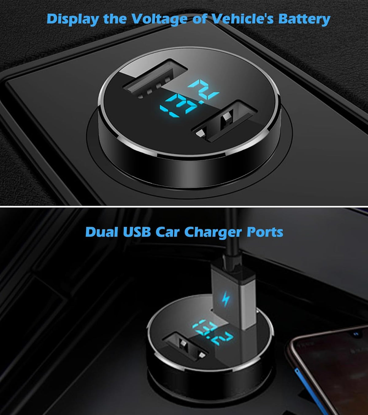 2 USB Car Charger,12V/24V Voltage Meter, Black