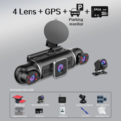 Dash Cam for Cars Free 64GB Dash Cam 360 Degrees Car DVR Wifi GPS 24H Parking Monitor 4 Lens HD 1080P Video Recorder APP Control