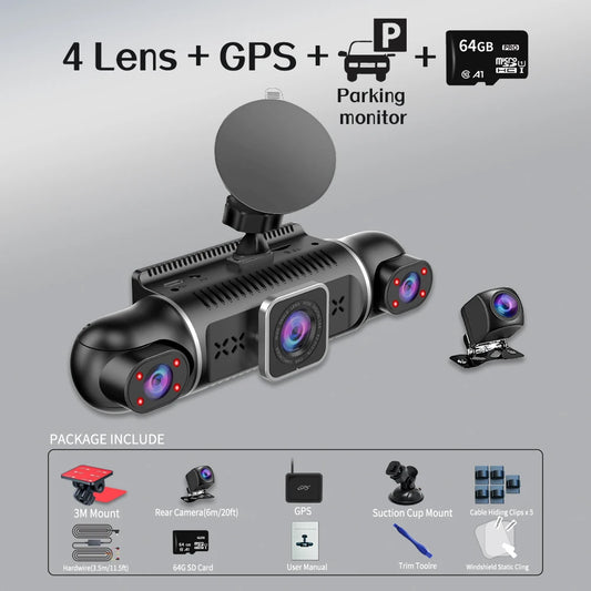 Dash Cam for Cars Free 64GB Dash Cam 360 Degrees Car DVR Wifi GPS 24H Parking Monitor 4 Lens HD 1080P Video Recorder APP Control