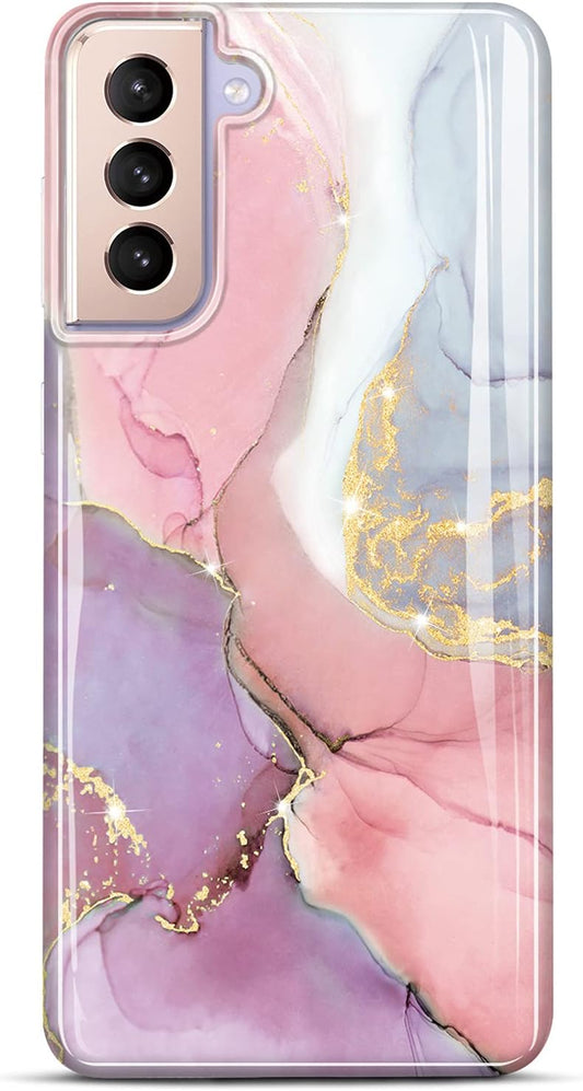 Galaxy S21 Case Gold Sparkle Glitter Marble Slim Shockproof TPU Soft Rubber Silicone Cover Phone Case for Samsung Galaxy S21 5G 6.2 Inch 2021 Pink Purple