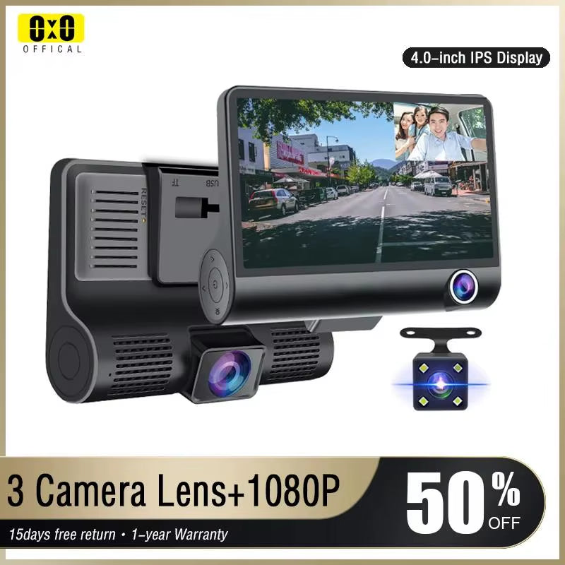 【Triple Lens System】4" 3-Channel Dash Cam - Front/Rear/Interior Car DVR with Night Vision, 24H Parking Mode, Loop Recording