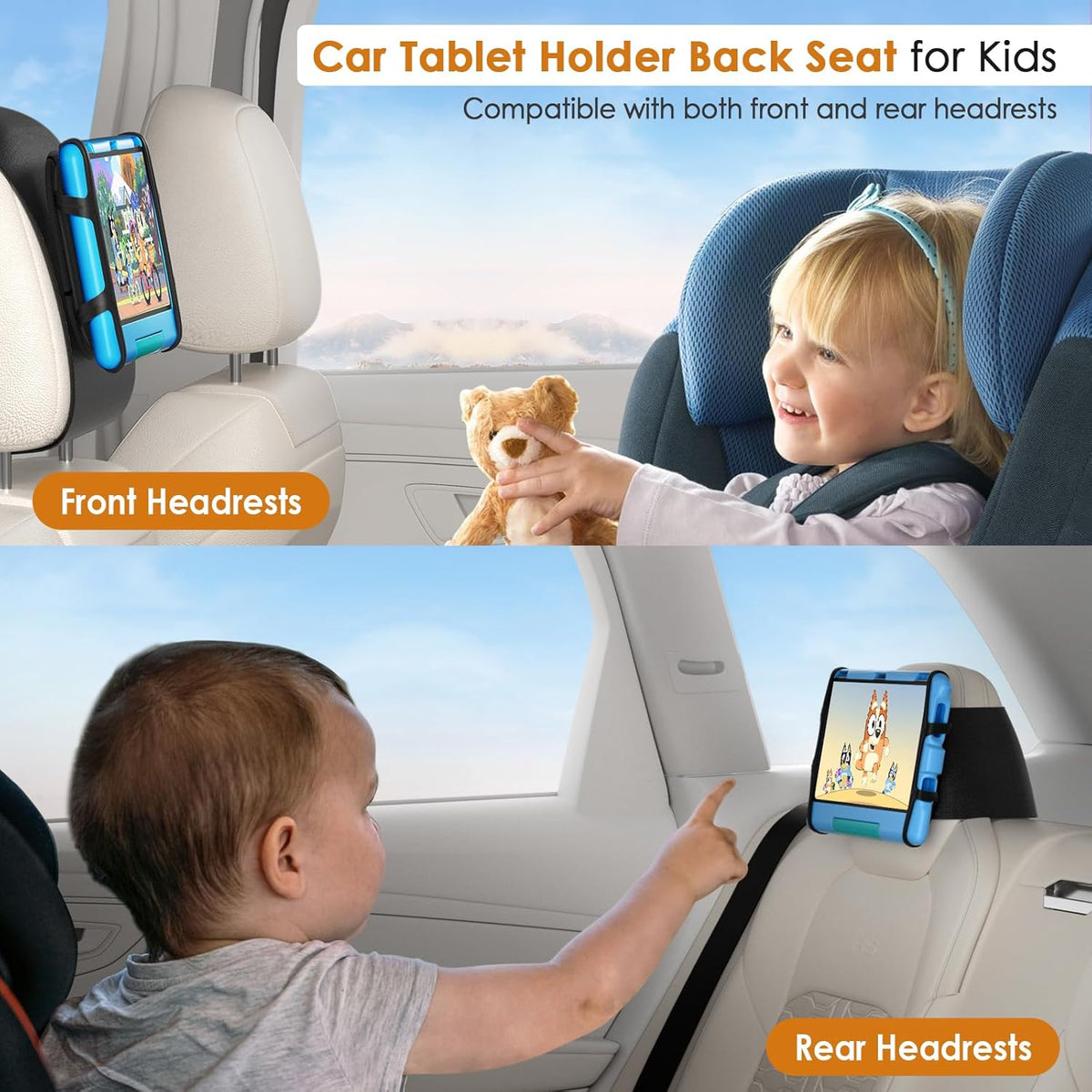 2 Pack Universal Tablet Holder - Compatible with 7-12.9 Inch Tablets & Switch Game Machine - Car Headrest Mount with Adjustable Angle & Safe Silicone Holder - Fits Most Cars