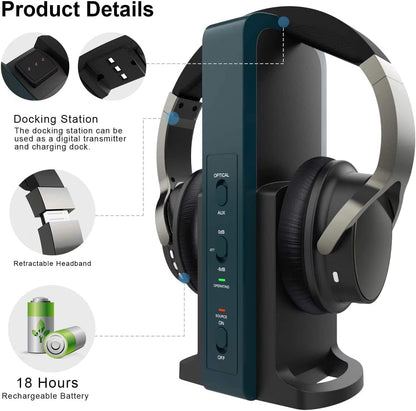 Wireless Headphones for TV Watching with 2.4G Digital RF Transmitter Charging Dock Hi-Fi Soft Over-Ear Headset