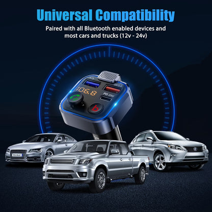 FM Transmitter for Car,Wireless 5.3 Bluetooth Car Adapter with Type-C PD 20W+ QC3.0 Fast USB Charger,Vehicle Mp3 Player Receiver Hifi Bass Sound,Cigarette Lighter Radio Music Adapter