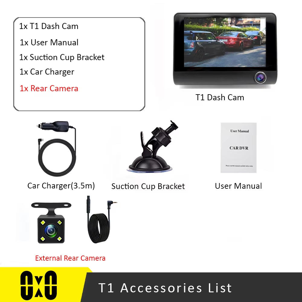 【Triple Lens System】4" 3-Channel Dash Cam - Front/Rear/Interior Car DVR with Night Vision, 24H Parking Mode, Loop Recording