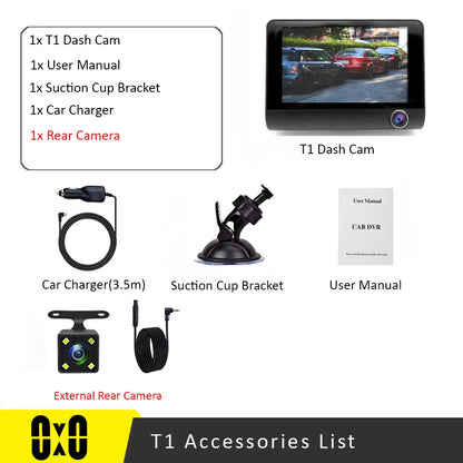 【Triple Lens System】4" 3-Channel Dash Cam - Front/Rear/Interior Car DVR with Night Vision, 24H Parking Mode, Loop Recording