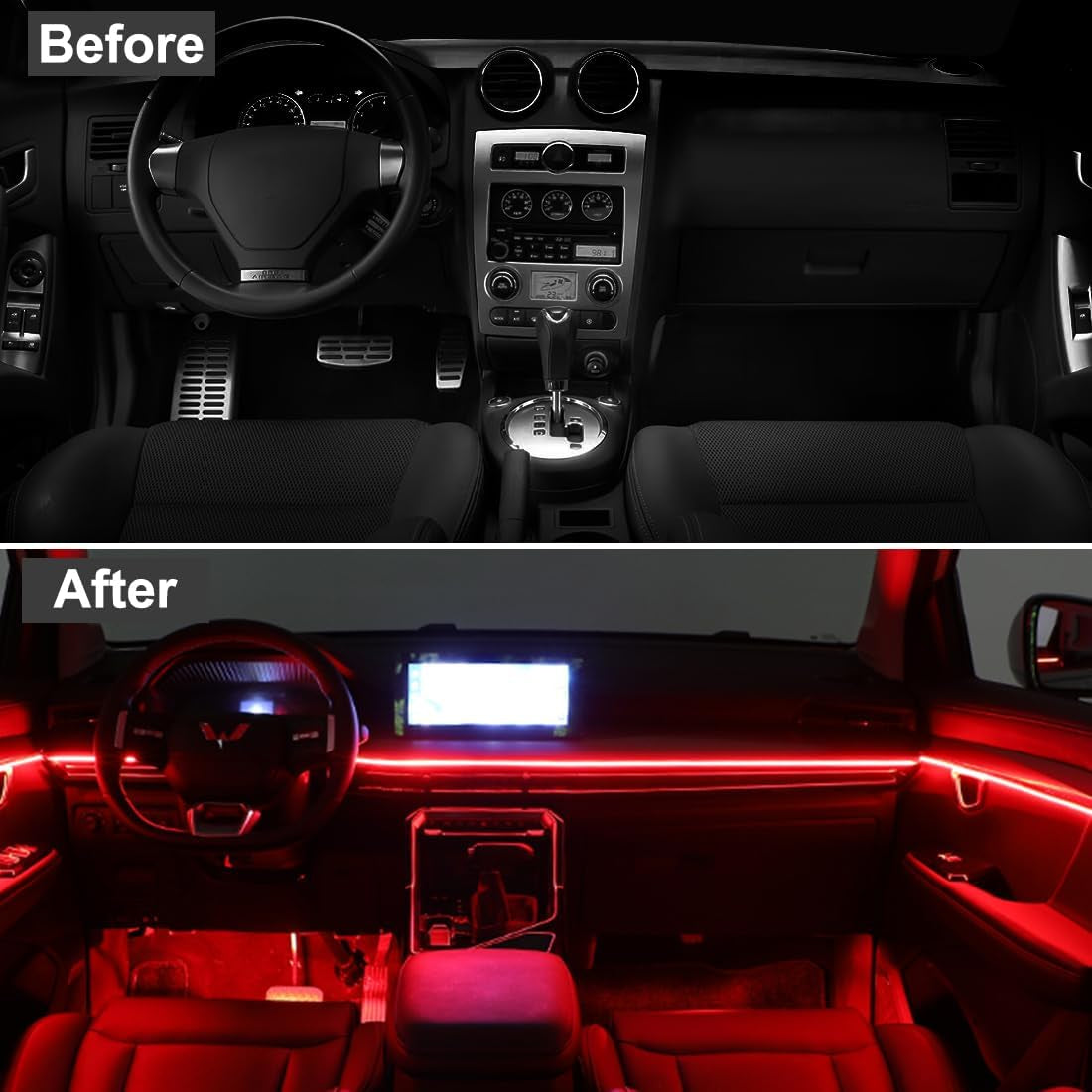 EL Wire Interior Car LED Lights, 16.5FT USB Ambient Lighting Strip, Red