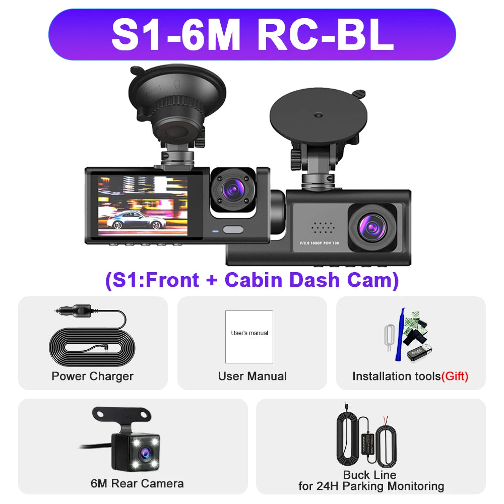 3 Channel Car DVR HD 1080P 3-Lens inside Vehicle Dash Camthree Way Camera Dvrs Recorder Video Registrator Dashcam Camcorder