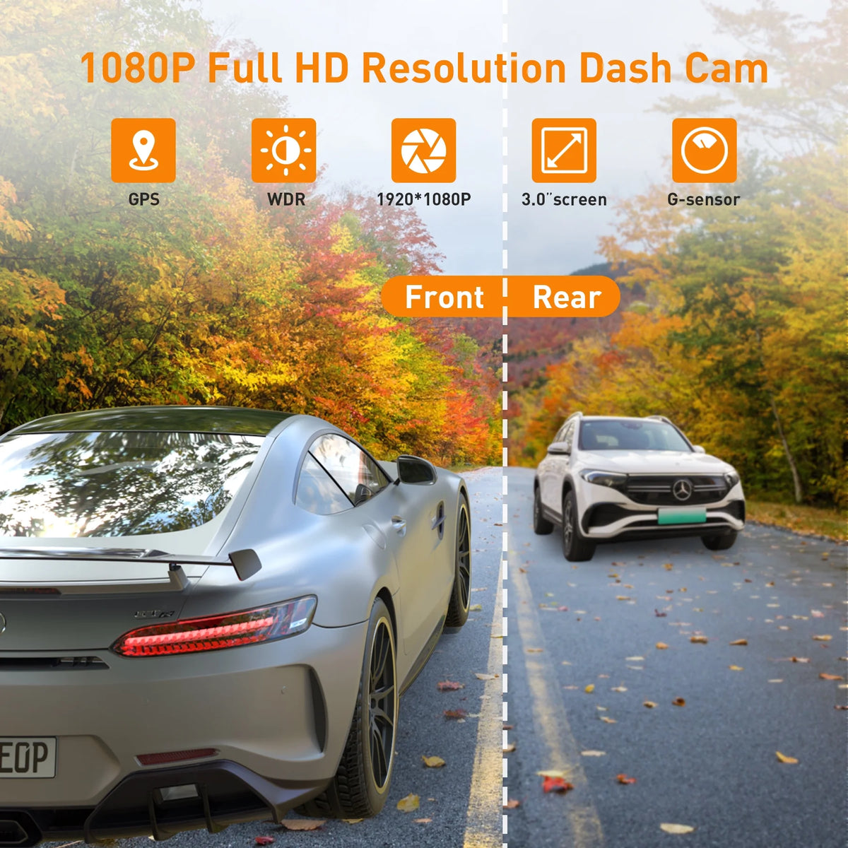 Dash Cam Front & Rear 1080P Full HD Night Vision, Parking Mode, G-Sensor, Loop Recording, WDR, 3-Inch LCD