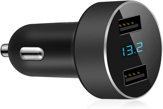 2 USB Car Charger,12V/24V Voltage Meter, Black