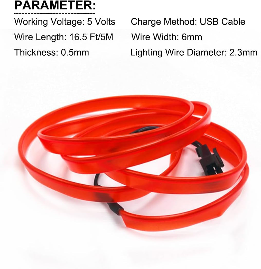 EL Wire Interior Car LED Lights, 16.5FT USB Ambient Lighting Strip, Red