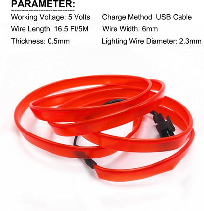 EL Wire Interior Car LED Lights, 16.5FT USB Ambient Lighting Strip, Red