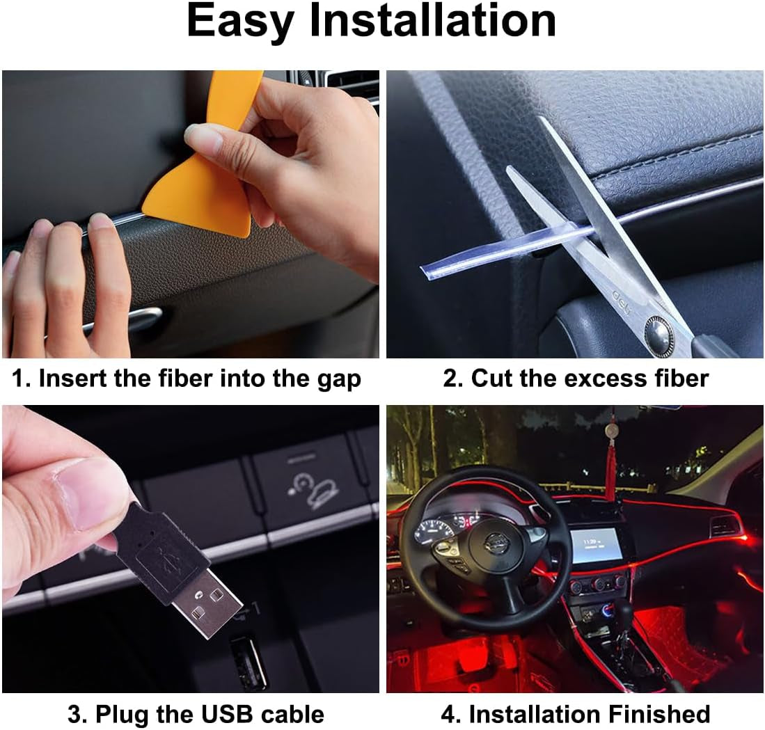 EL Wire Interior Car LED Lights, 16.5FT USB Ambient Lighting Strip, Red