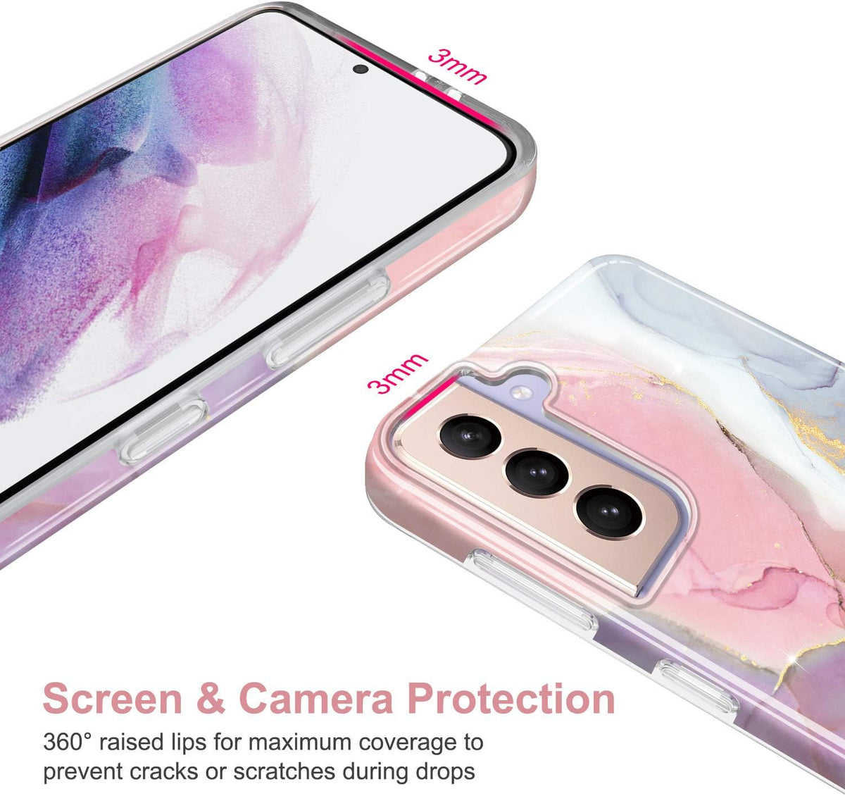 Galaxy S21 Case Gold Sparkle Glitter Marble Slim Shockproof TPU Soft Rubber Silicone Cover Phone Case for Samsung Galaxy S21 5G 6.2 Inch 2021 Pink Purple